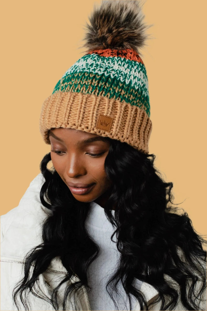 Fleece Lined Pom Beanies WINTER WEAR Panache Apparel GREEN + CAMEL 