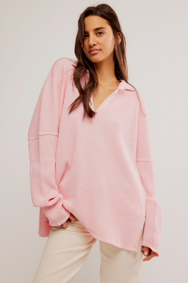 FREE PEOPLE Travis Polo Thermal in Pink Rosette