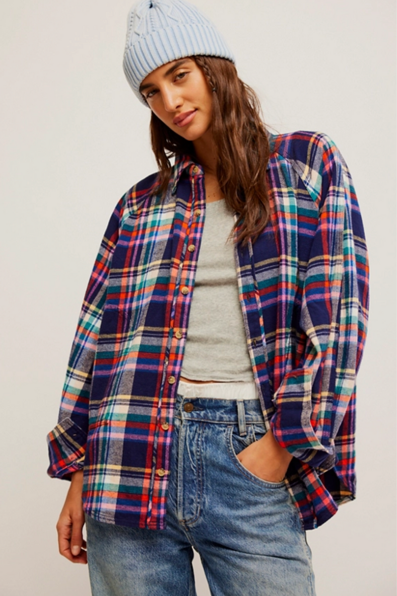 FREE PEOPLE Girl Meets Boy Plaid Shirt Wild Bohemian 