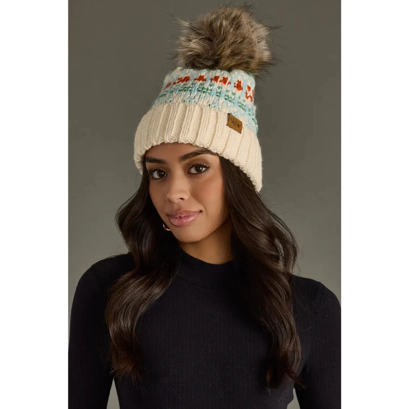 Fleece Lined Pom Beanies WINTER WEAR Panache Apparel IVORY + BLUE 