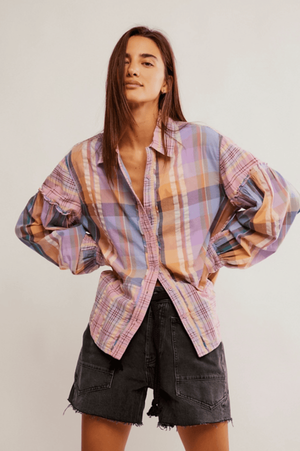 Free People Madras Dreams Button Down Top Wild Bohemian 