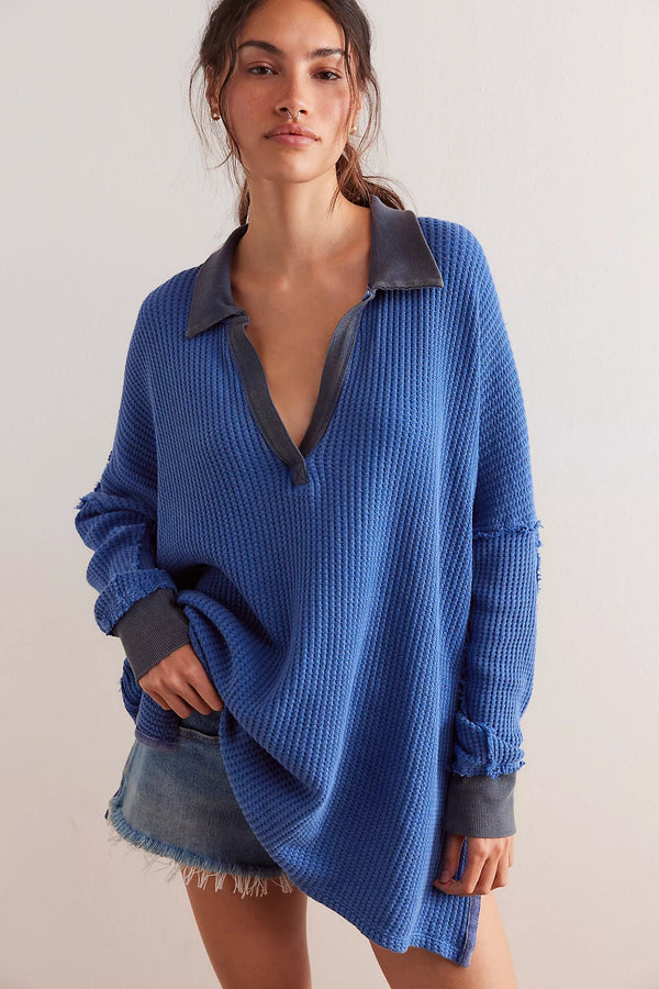 FREE PEOPLE Travis Polo Thermal in Dutch Blue Wild Bohemian 