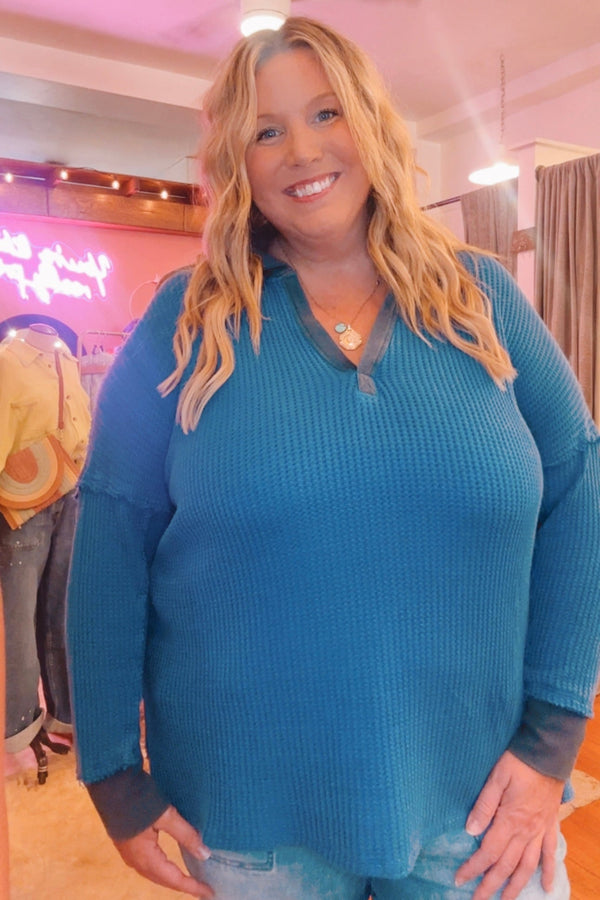 FREE PEOPLE Travis Polo Thermal in Dutch Blue Wild Bohemian 