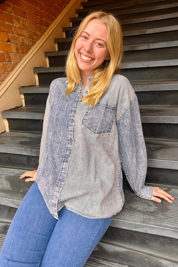 Mixed Wash Denim Button Down OUTERWEARS VeryJ 