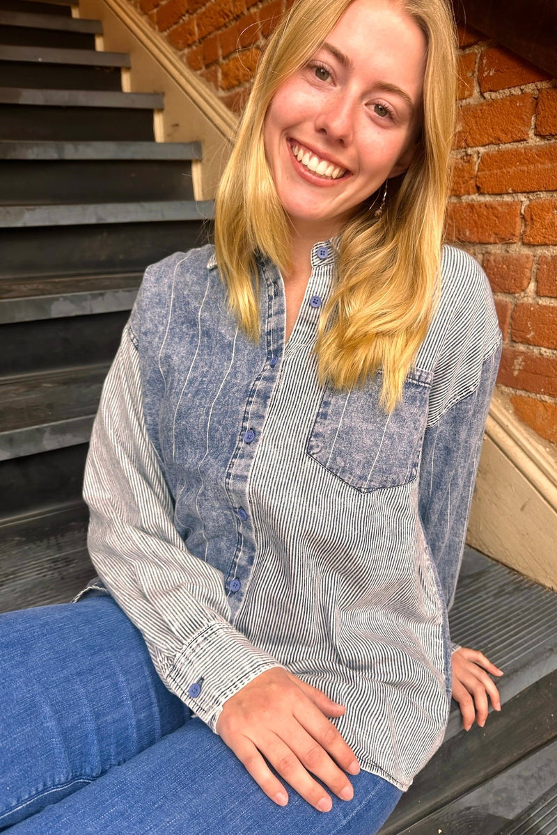 Mixed Wash Denim Button Down OUTERWEARS VeryJ 