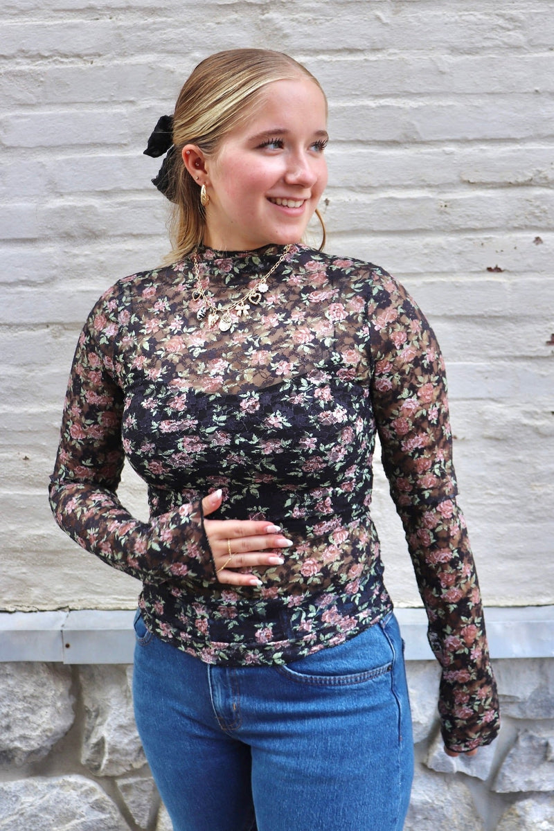 Lace Layering Top in Black Floral TOPS VeryJ 