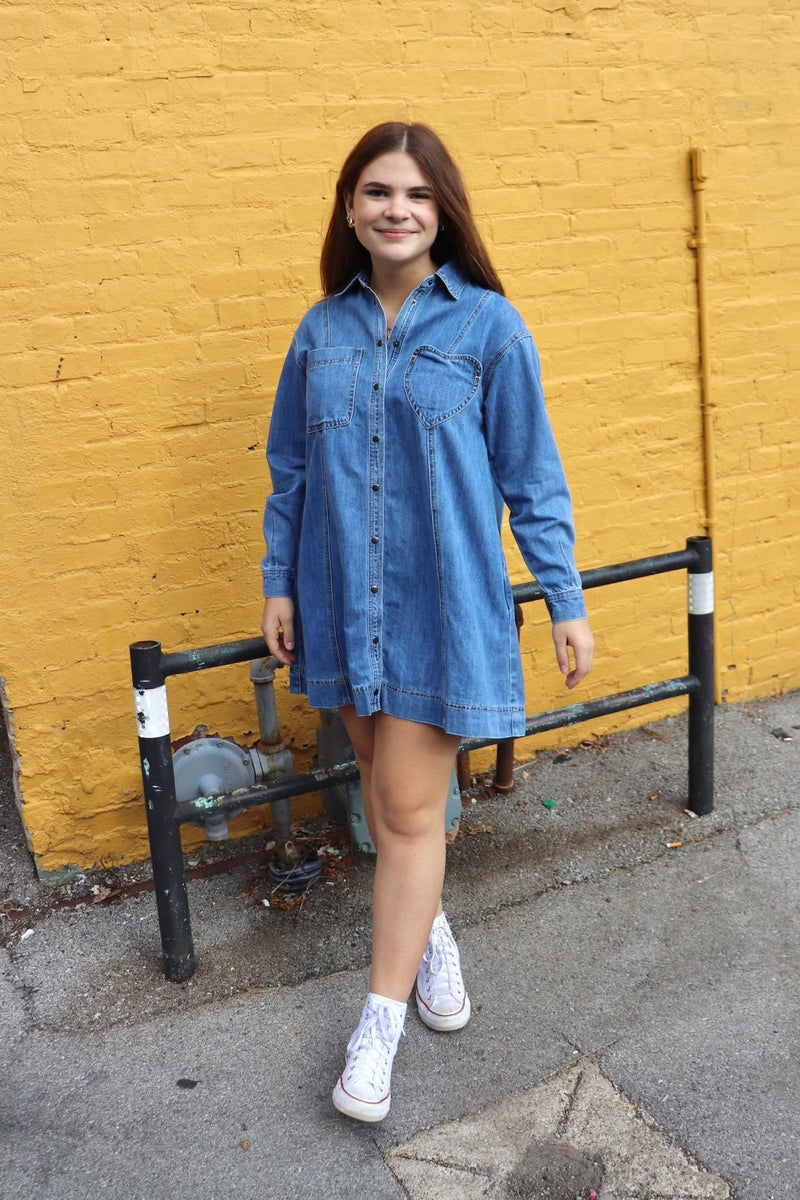 bench denim dress Getting ready for the weekend with our button front denim dress!