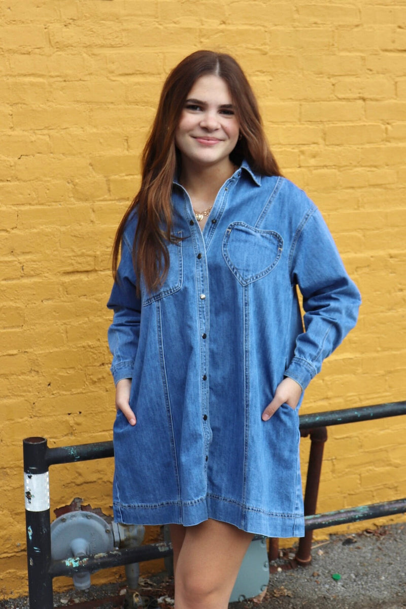 Denim Button Down Dress DRESSES Listicle 