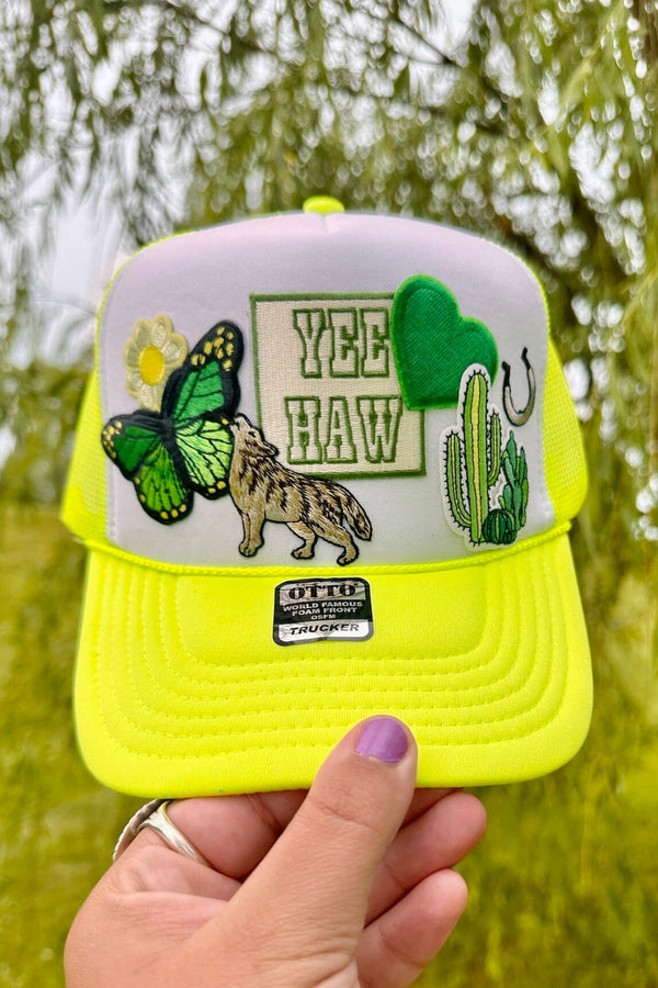 ONE OF A KIND “Yee Haw" Trucker Hat in Electric Lime Wild Bohemian 
