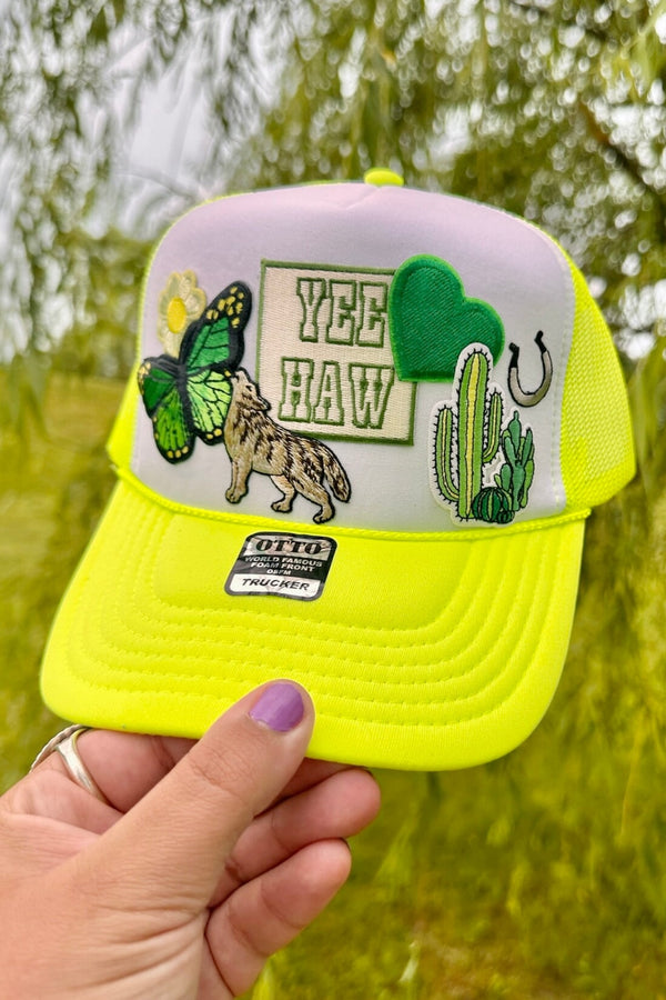 ONE OF A KIND “Yee Haw" Trucker Hat in Electric Lime Wild Bohemian 
