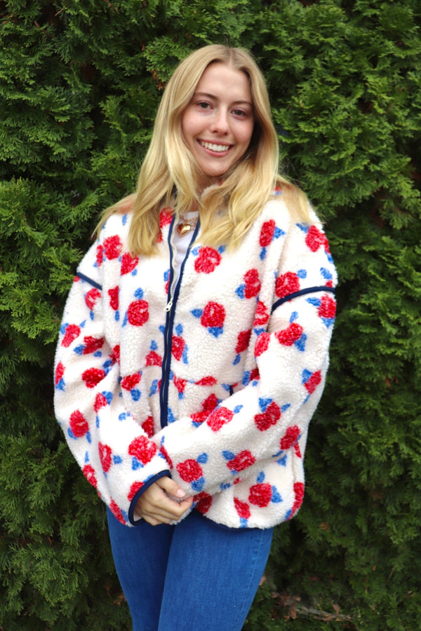 DOORBUSTER Fleece Jackets OUTERWEARS Wild Bohemian WHITE WITH RED FLORALS SMALL 