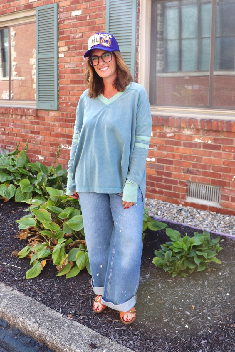 Mineral Wash V-Neck Long Sleeve in Dusty Teal Wild Bohemian 