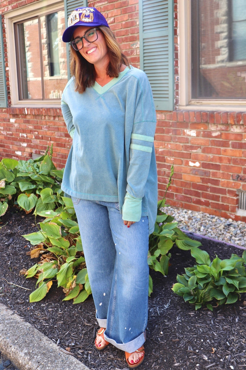 Mineral Wash V-Neck Long Sleeve in Dusty Teal Wild Bohemian 