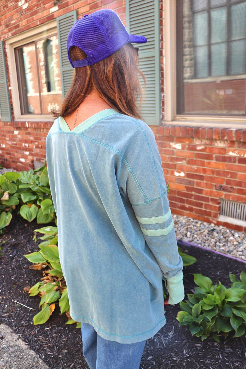 Mineral Wash V-Neck Long Sleeve in Dusty Teal Wild Bohemian 