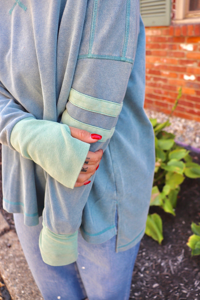 Mineral Wash V-Neck Long Sleeve in Dusty Teal Wild Bohemian 