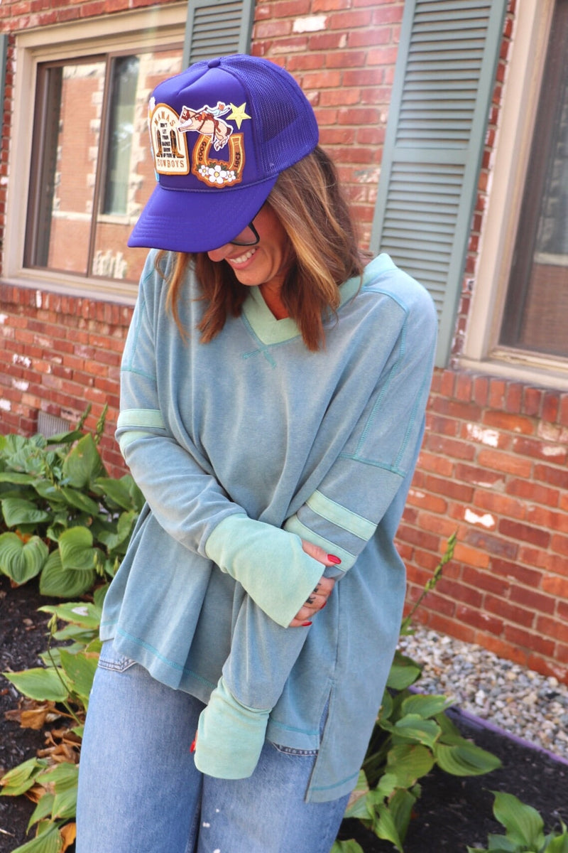 Mineral Wash V-Neck Long Sleeve in Dusty Teal Wild Bohemian 