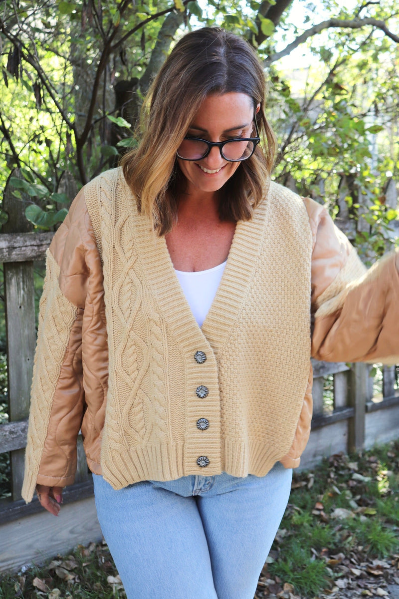 Quilted Sweater Cardi in Camel Combo Wild Bohemian 