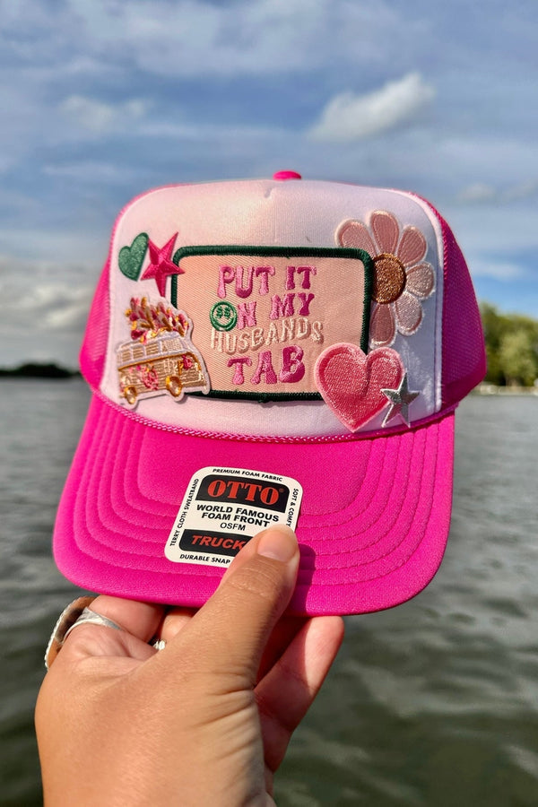 ONE OF A KIND “My Husband's Tab" Trucker Hat in Hot Pink Combo Wild Bohemian 