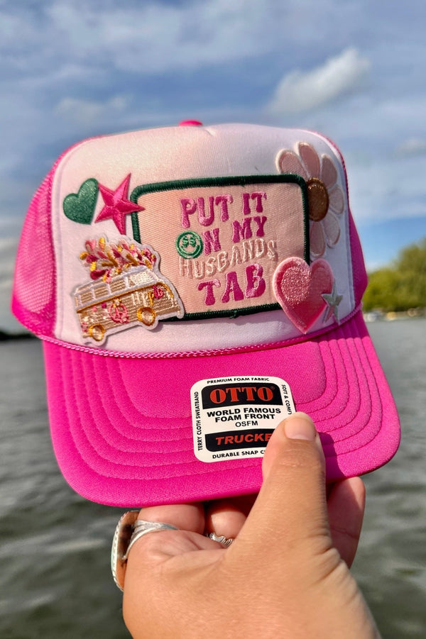 ONE OF A KIND “My Husband's Tab" Trucker Hat in Hot Pink Combo Wild Bohemian 