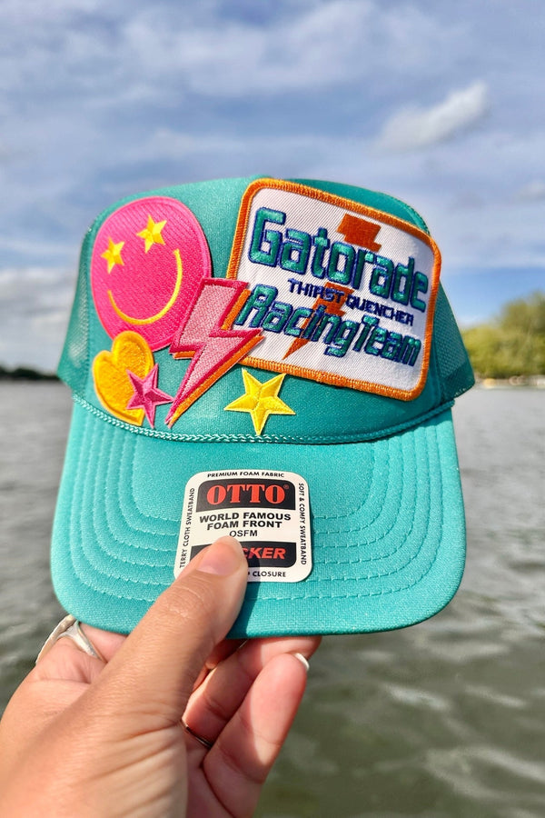 ONE OF A KIND “Thirst Quencher" Trucker Hat in Teal Wild Bohemian 