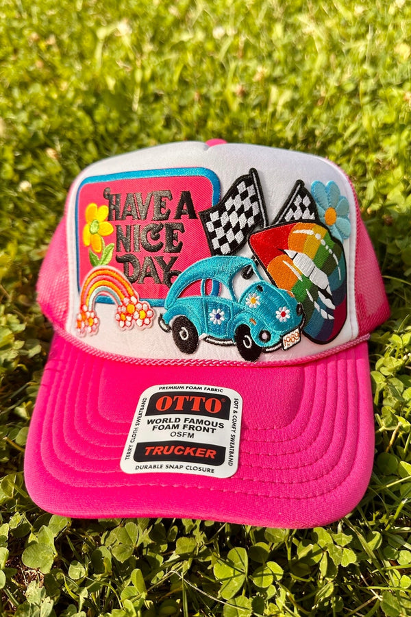 ONE OF A KIND "Have a Nice Day" Trucker Hat in Magenta Wild Bohemian 