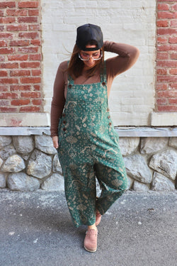 Printed Boyfriend Overalls in Evergreen Wild Bohemian 