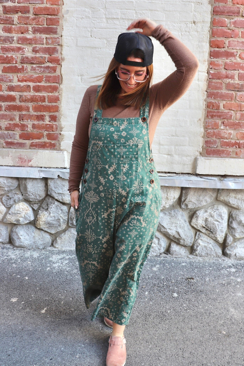 Printed Boyfriend Overalls in Evergreen Wild Bohemian 