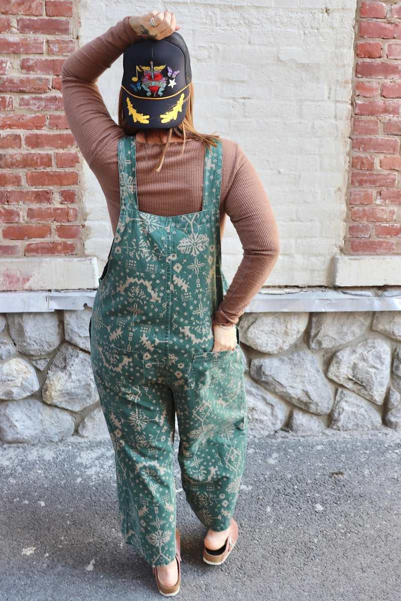 Printed Boyfriend Overalls in Evergreen Wild Bohemian 