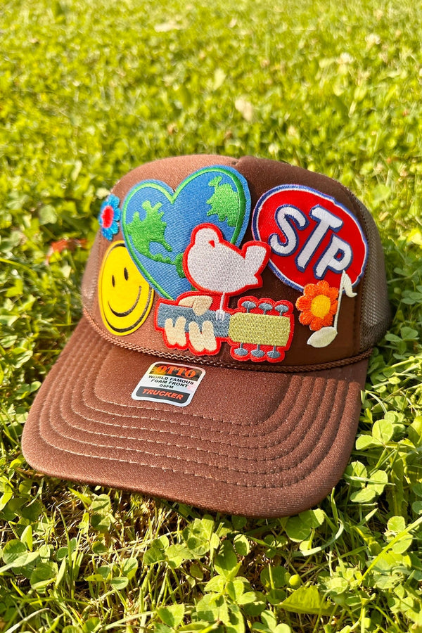 ONE OF A KIND "A Woodstock World" Trucker Hat in Chocolate Wild Bohemian 