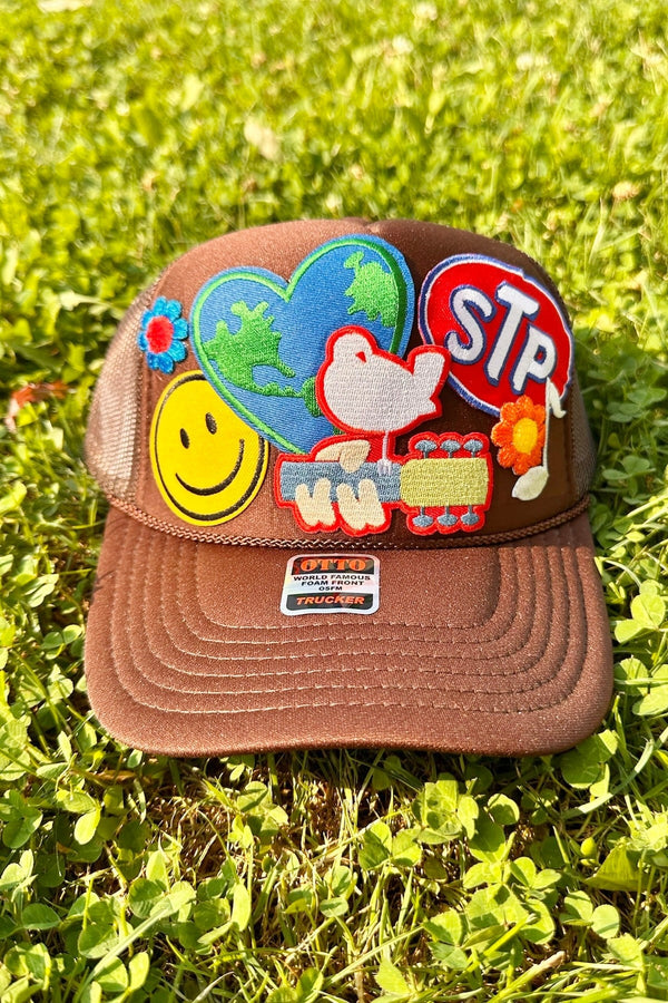 ONE OF A KIND "A Woodstock World" Trucker Hat in Chocolate Wild Bohemian 
