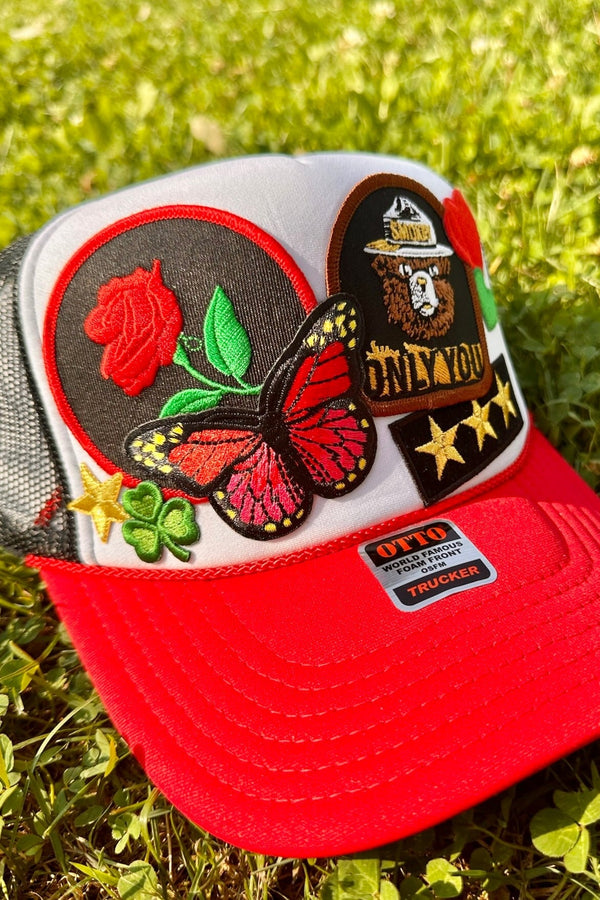 ONE OF A KIND "Smokey the Bear" Trucker Hat in Red + White Wild Bohemian 