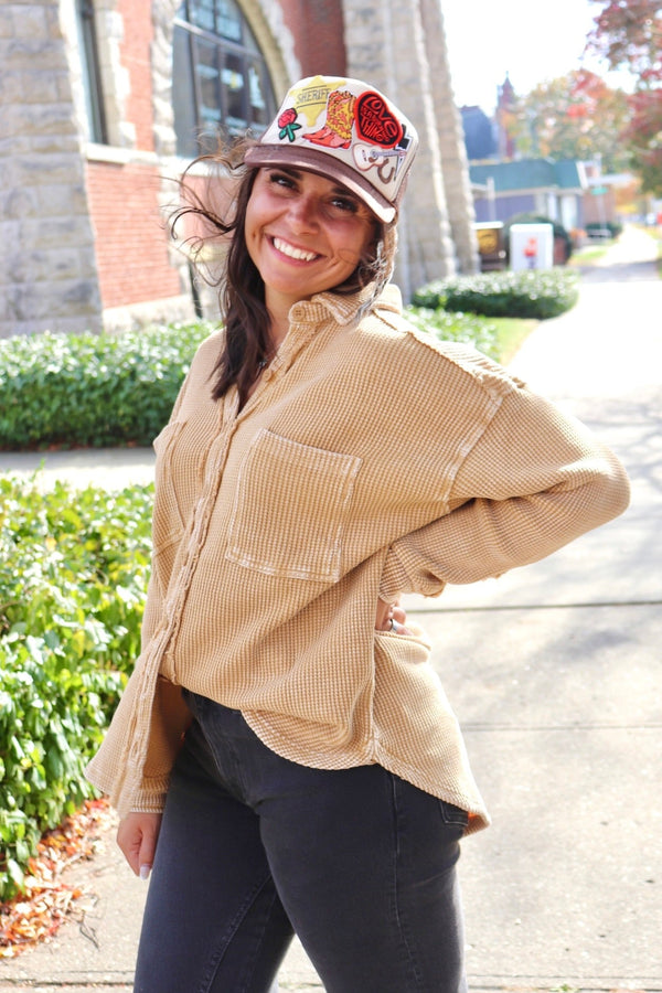 Rylee Thermal Button Down in Camel Wild Bohemian 