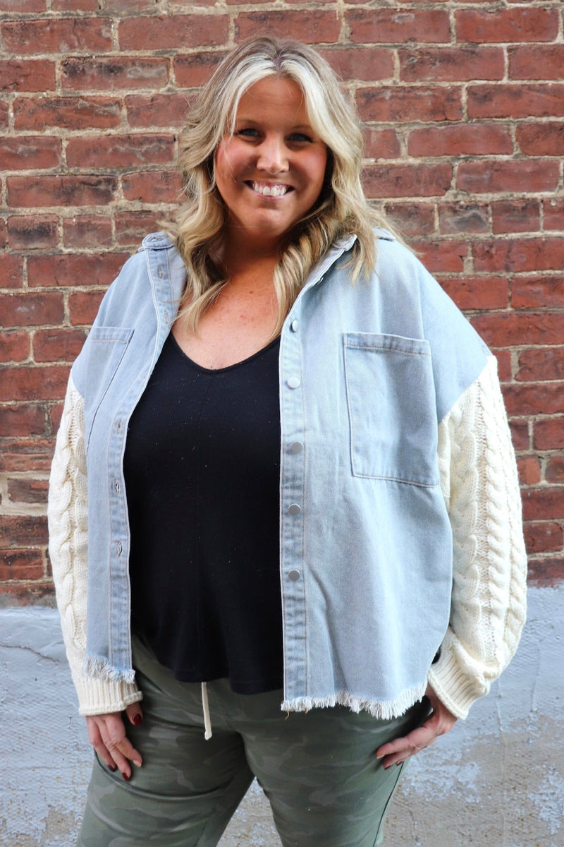 Plus size jean jacket with sweatshirt sleeves best sale