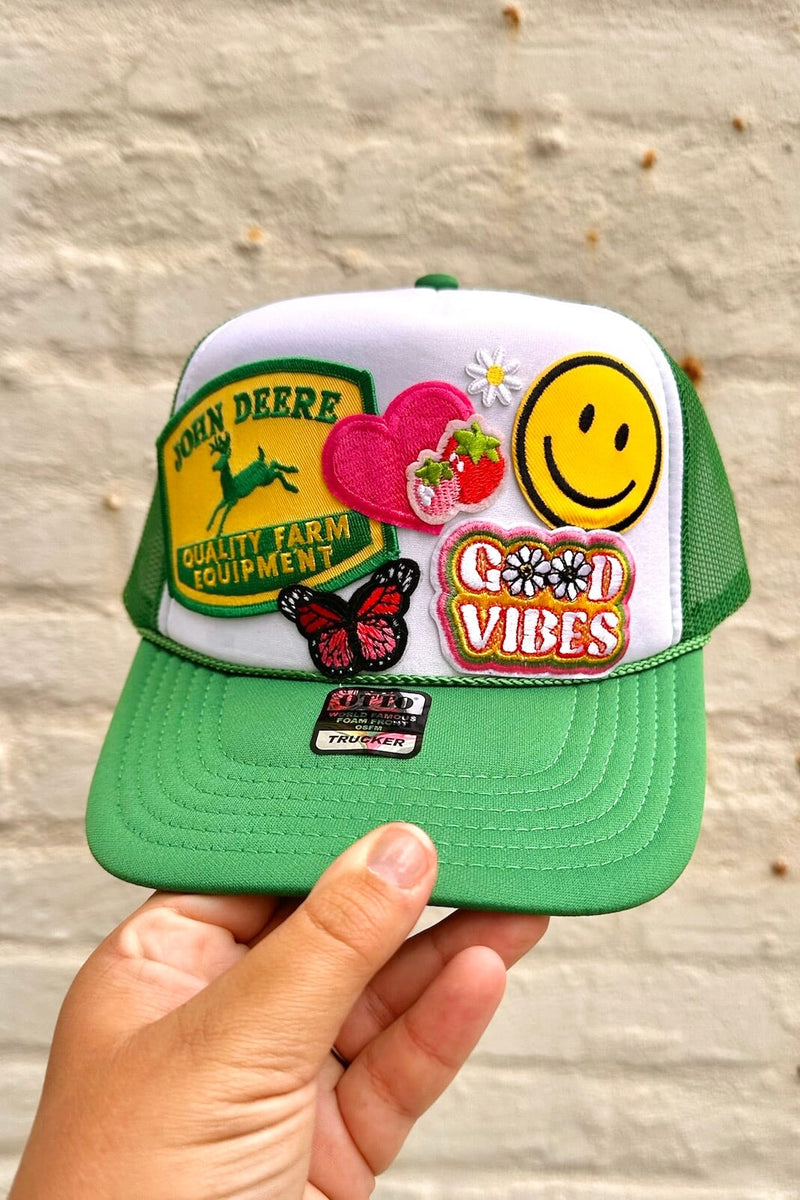 ONE OF A KIND "Homegrown Good Vibes" Trucker Hat in Green Combo Wild Bohemian 