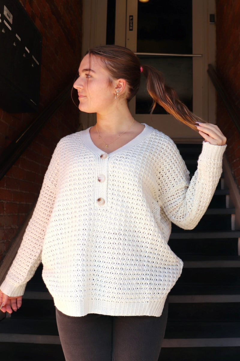 Waffle Knit Henley Sweater in Creme Wild Bohemian 