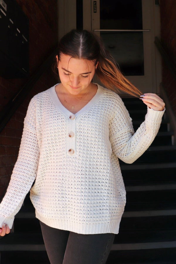 Waffle Knit Henley Sweater in Creme Wild Bohemian 