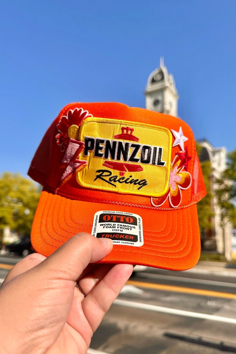 ONE OF A KIND “Pennzoil" Trucker Hat in Orange Wild Bohemian 