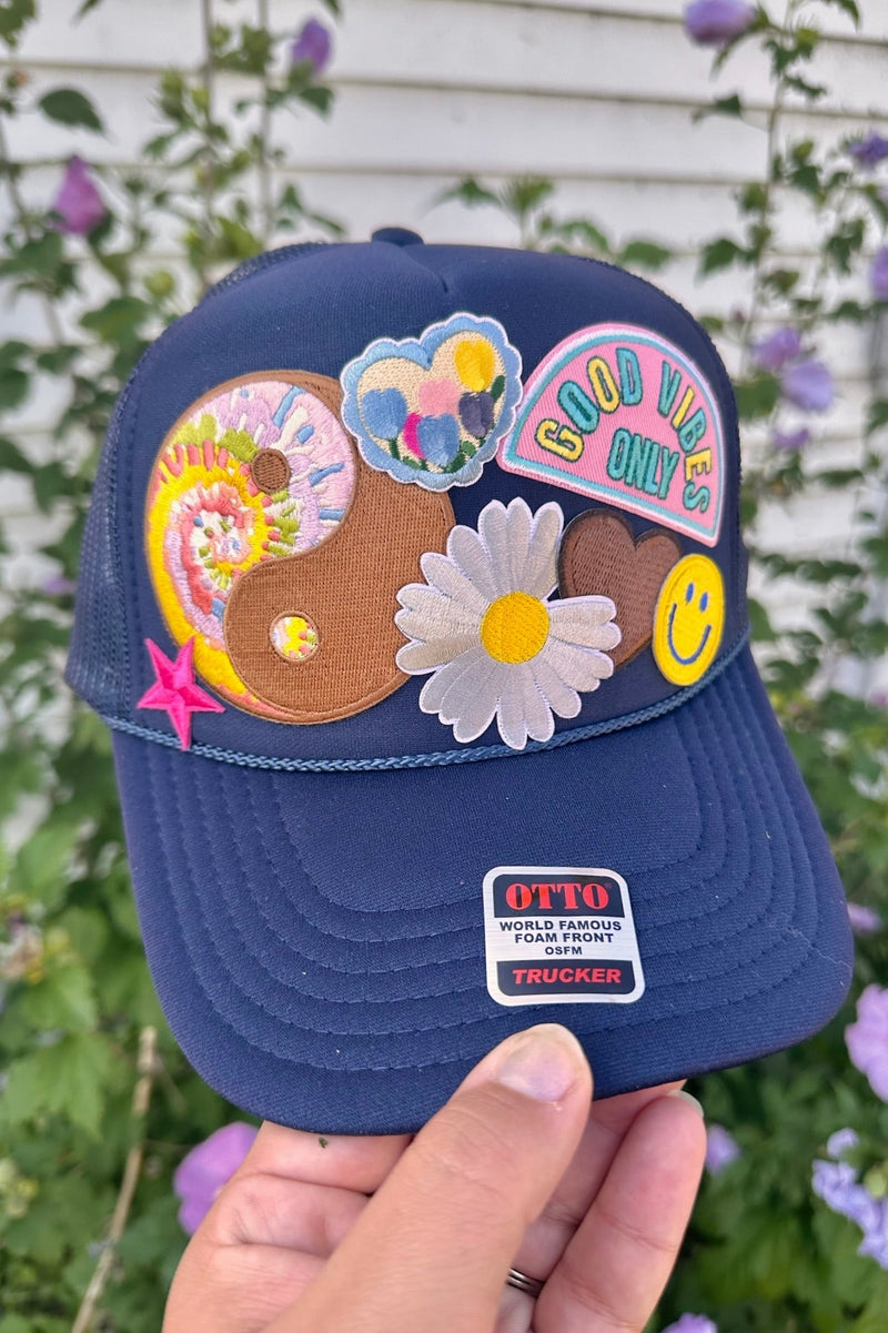 ONE OF A KIND “Good Vibes" Trucker Hat in Navy Wild Bohemian 