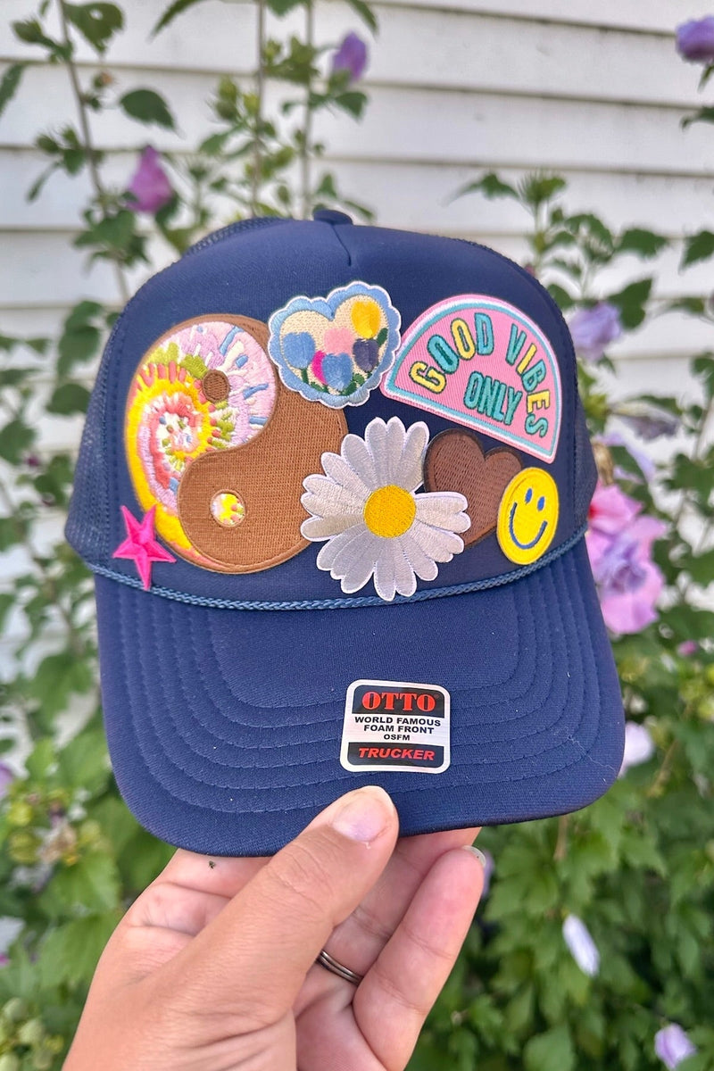 ONE OF A KIND “Good Vibes" Trucker Hat in Navy Wild Bohemian 