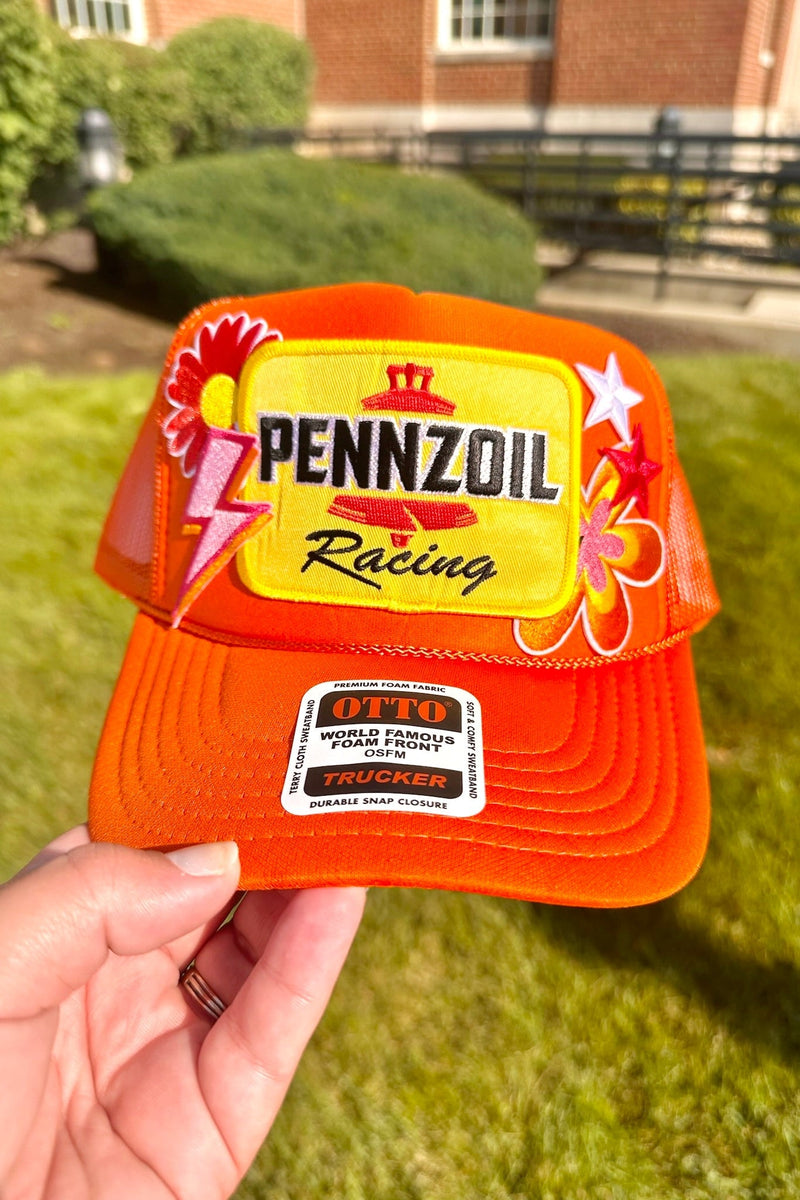 ONE OF A KIND “Pennzoil" Trucker Hat in Orange Wild Bohemian 