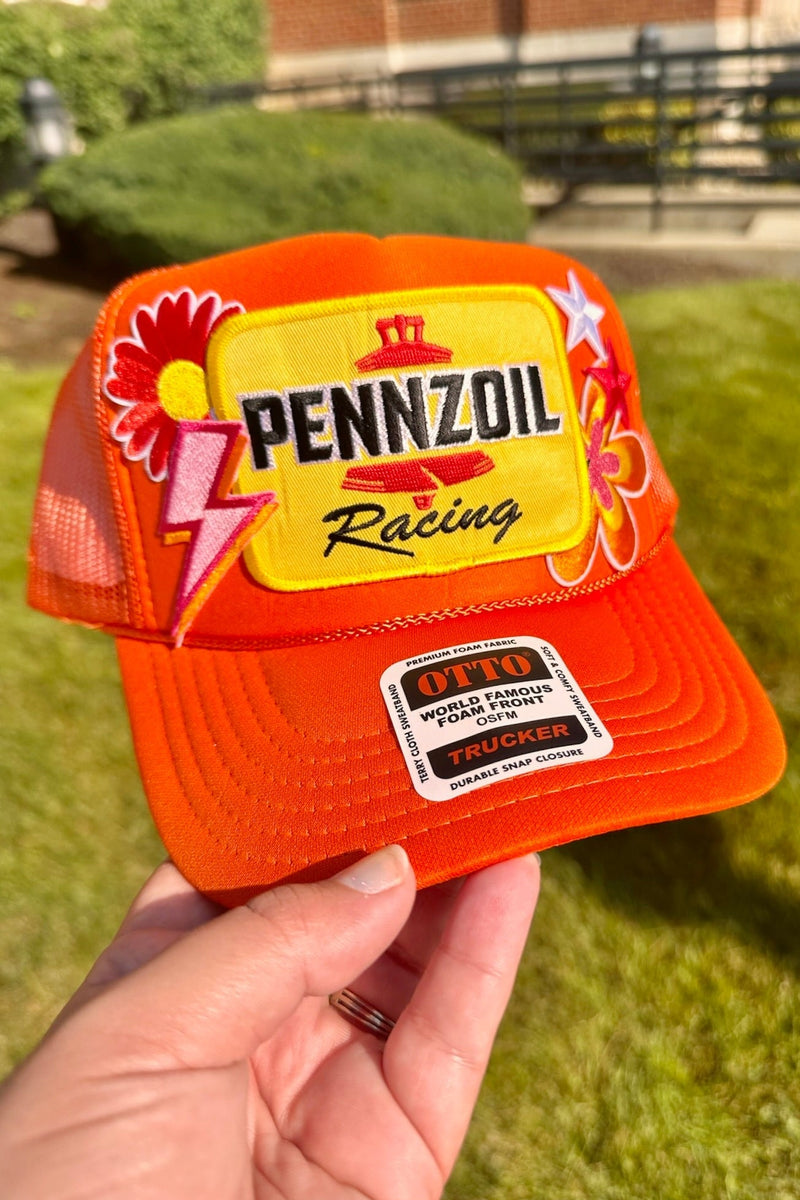 ONE OF A KIND “Pennzoil" Trucker Hat in Orange Wild Bohemian 