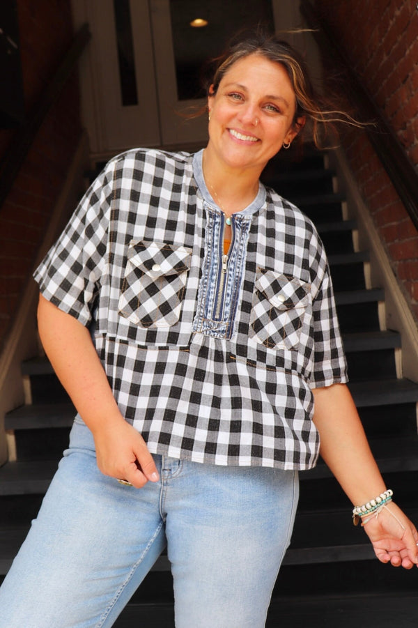 Zipper Gingham Blouse Wild Bohemian 