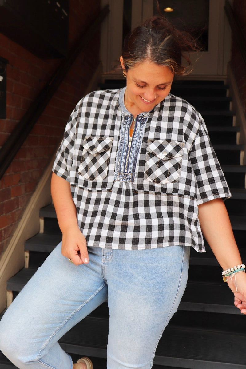 Zipper Gingham Blouse Wild Bohemian 