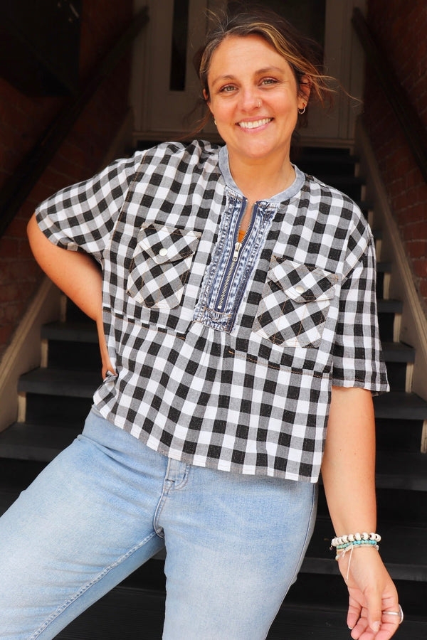 Zipper Gingham Blouse Wild Bohemian 