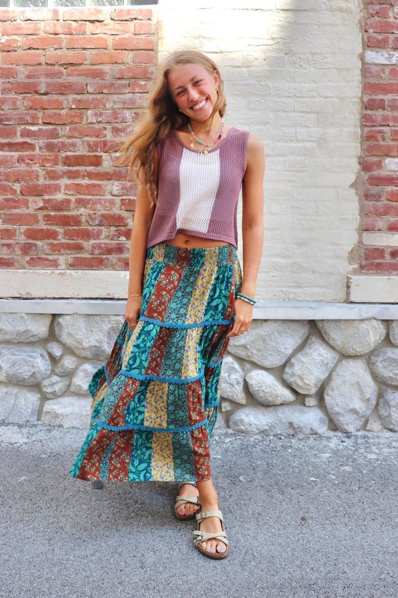 Patchwork Midi Skirt in Teal Combo SKIRT Easel 