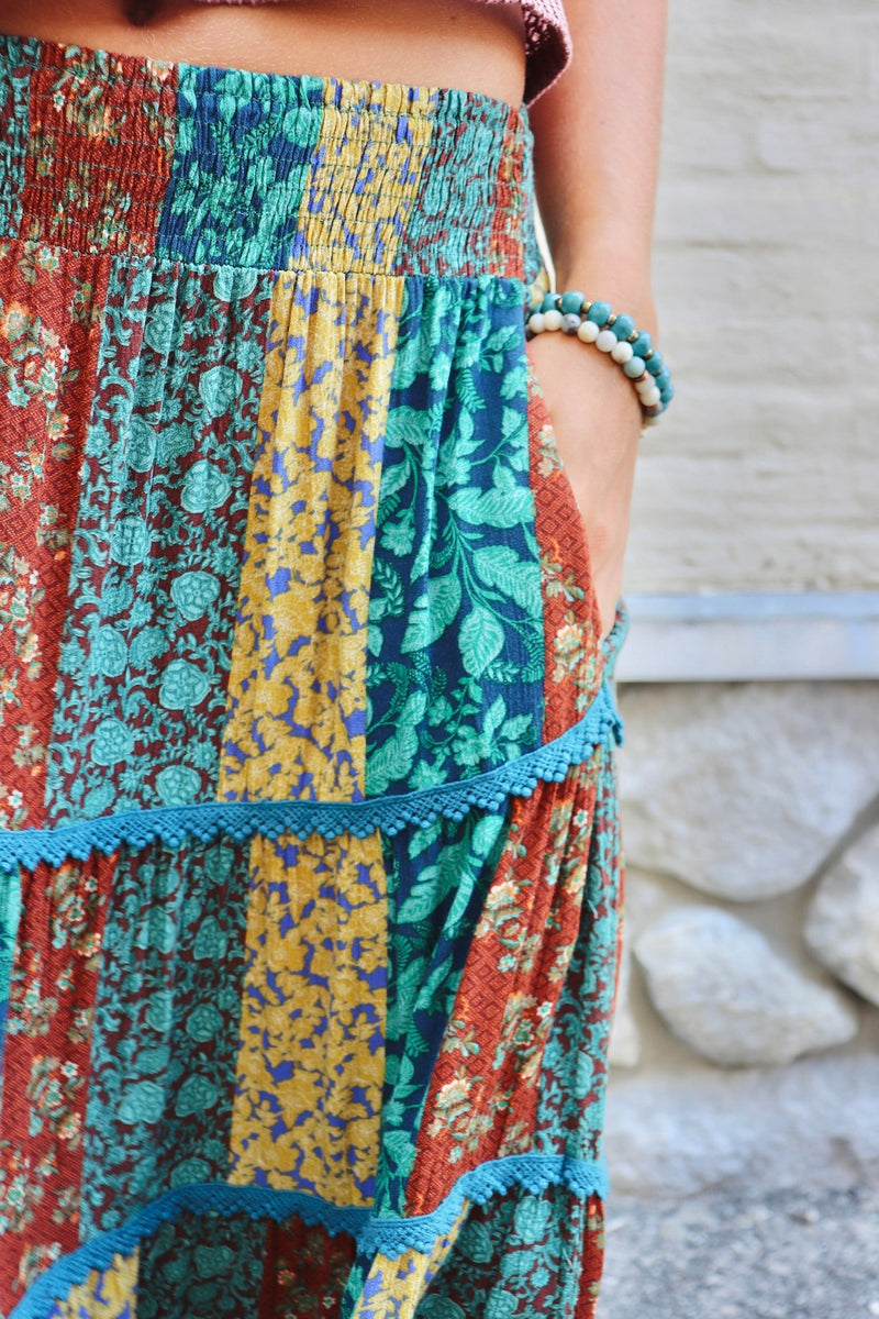 Patchwork Midi Skirt in Teal Combo SKIRT Easel 