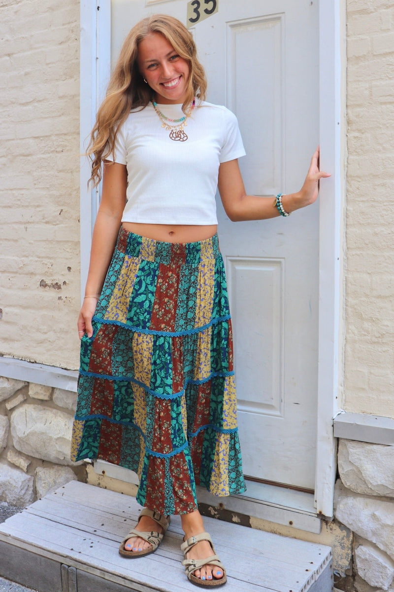 Patchwork Midi Skirt in Teal Combo SKIRT Easel 