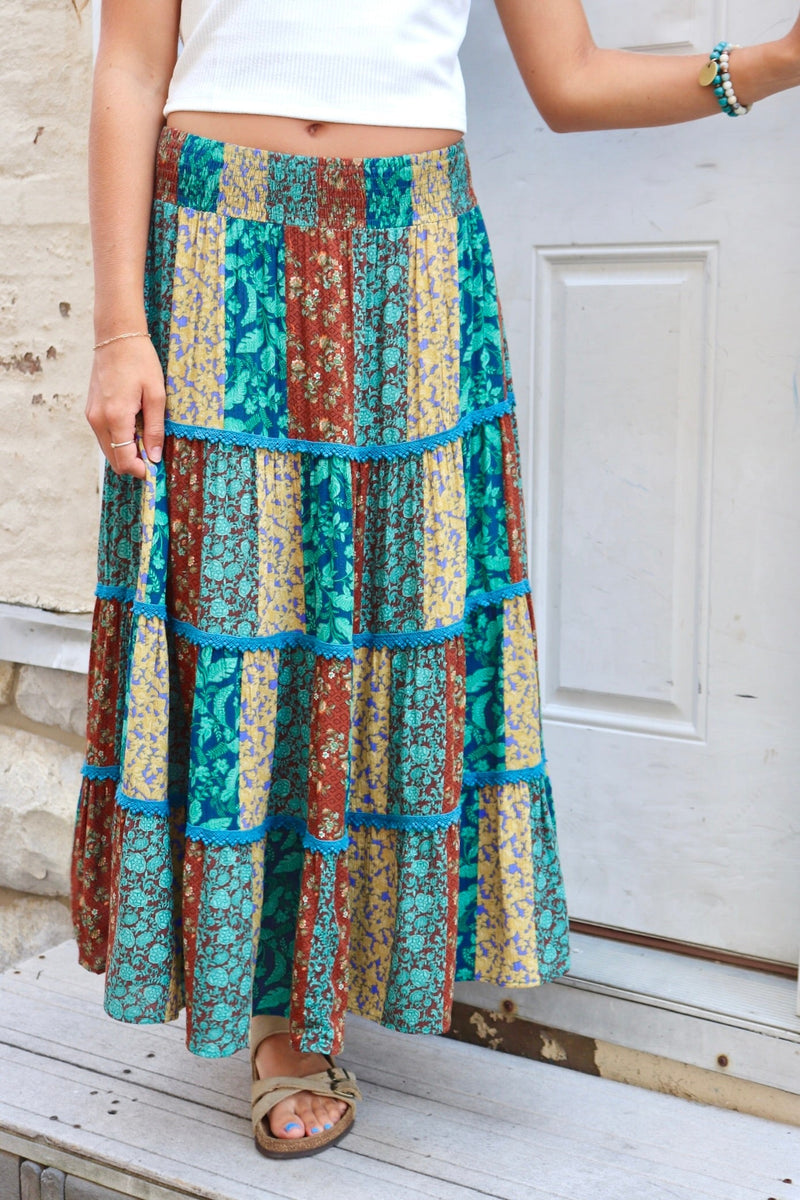 Patchwork Midi Skirt in Teal Combo SKIRT Easel 