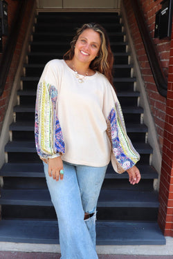 Waffle Knit Printed Long Sleeve TOPS Easel 
