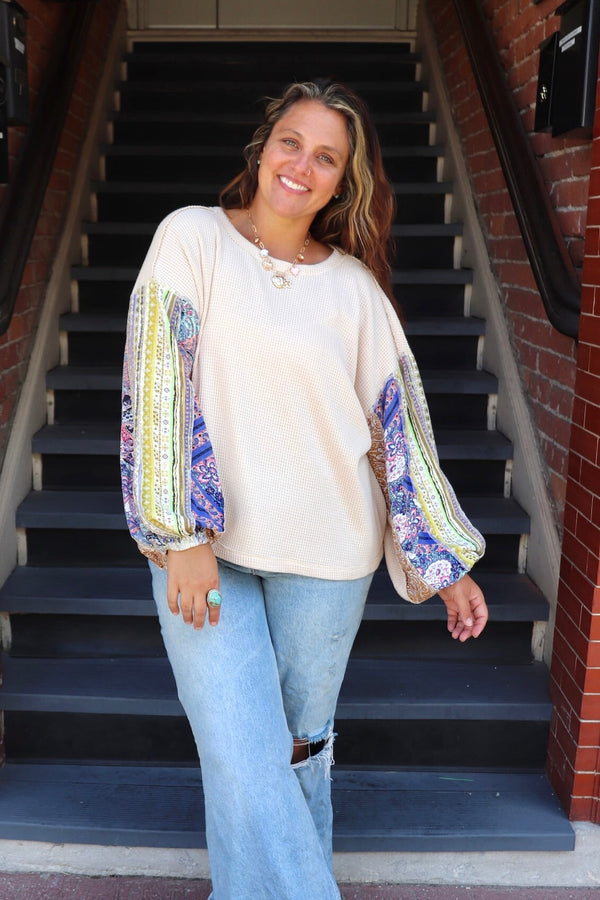 Waffle Knit Printed Long Sleeve TOPS Easel 